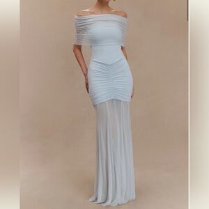Meshki Caspian Slinky And Mesh Off Shoulder Maxi Dress - Pale Blue